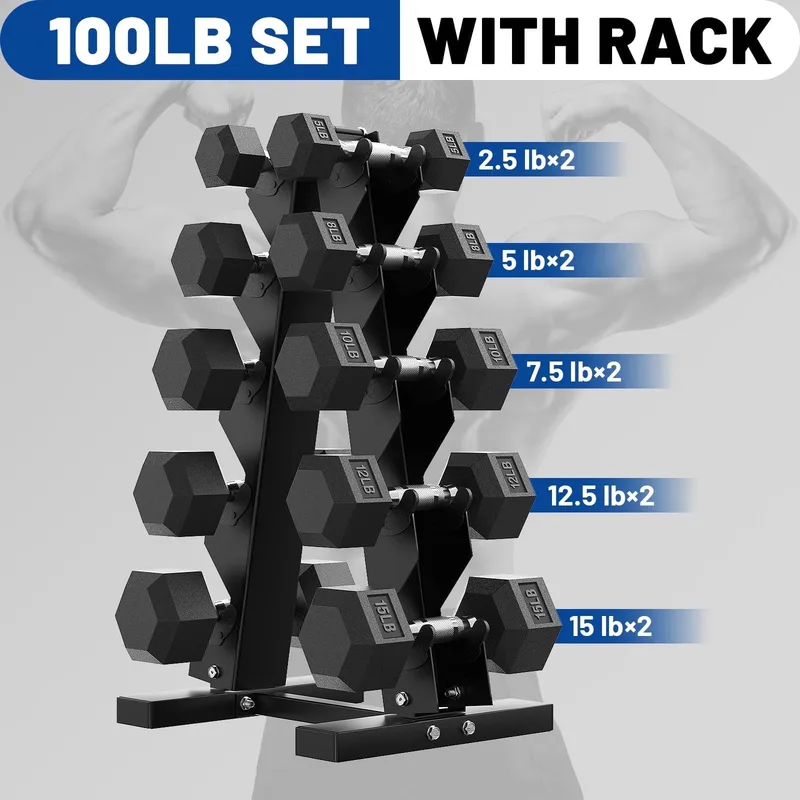 PAPABABE 100 LB Dumbbell Set with Rack